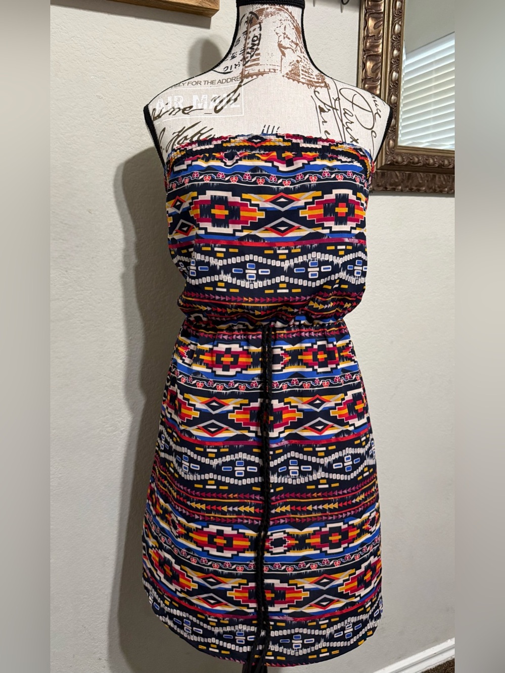 Xhilaration Strapless Tribal Print Dress in Navy, Red, Yellow